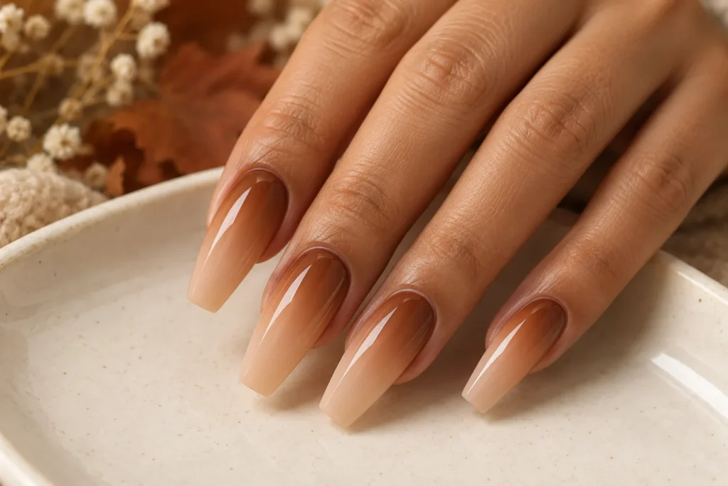 Caramel and nude ombre on long coffin nails, fingertips on an ivory ceramic dish.