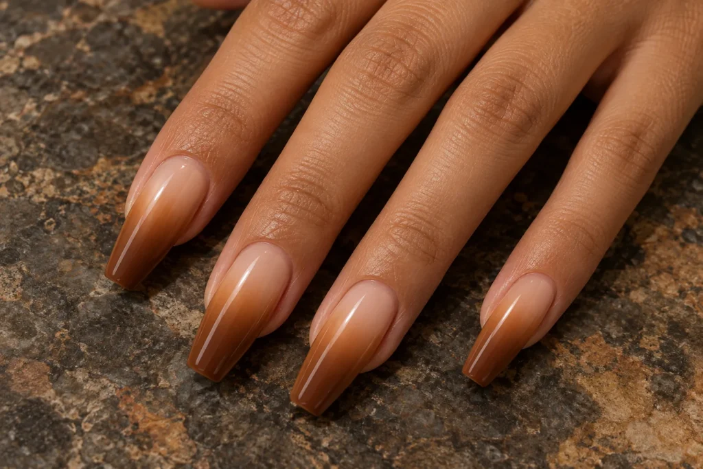 Caramel and nude ombre on long coffin nails, close-up against dark stone.
