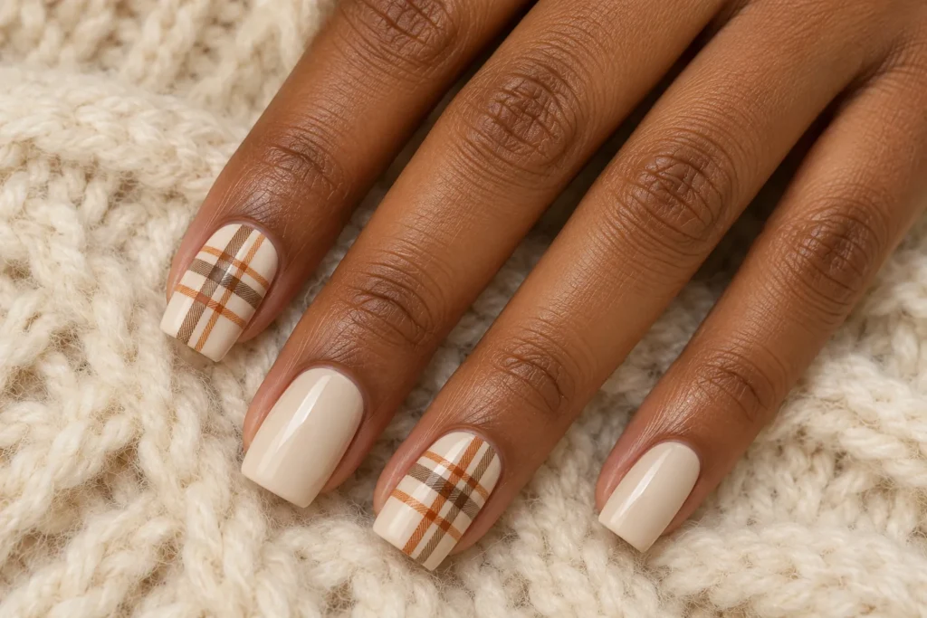 Rust and brown plaid accents on cream square nails, top view on cream wool.