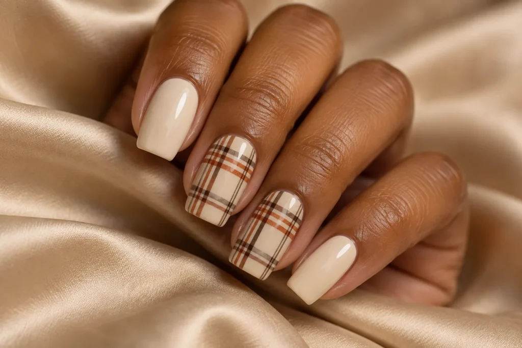 Rust and brown plaid accents on cream square nails, curled hand on beige satin.
