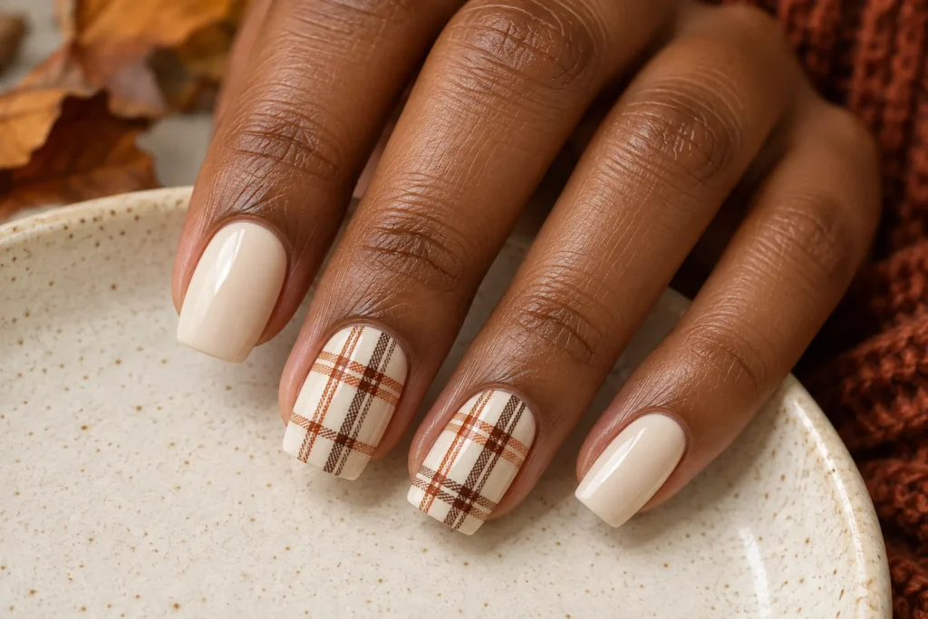 Rust and brown plaid accents on cream square nails, fingertips on an ivory ceramic dish.