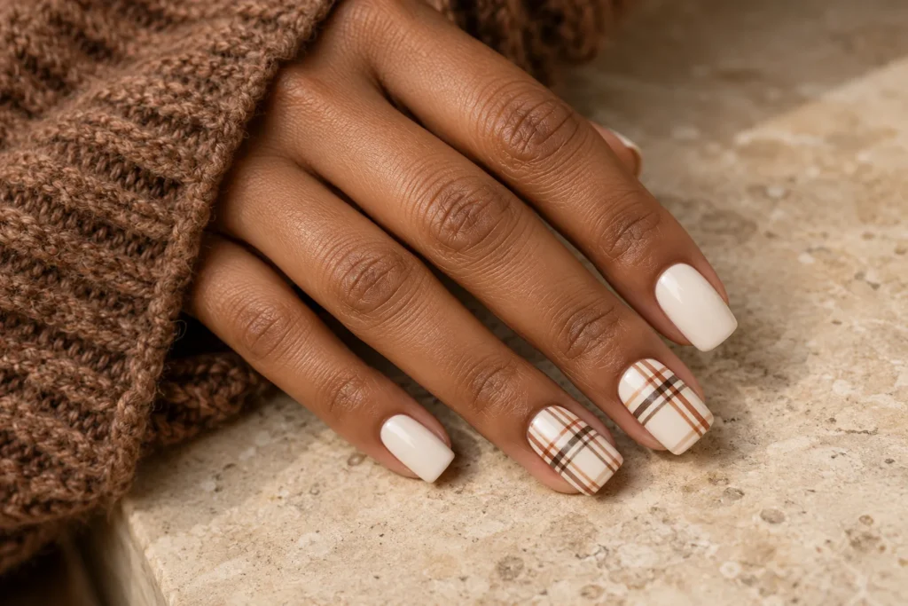 Rust and brown plaid accents on cream square nails, angled view beside a brown knitted sleeve.