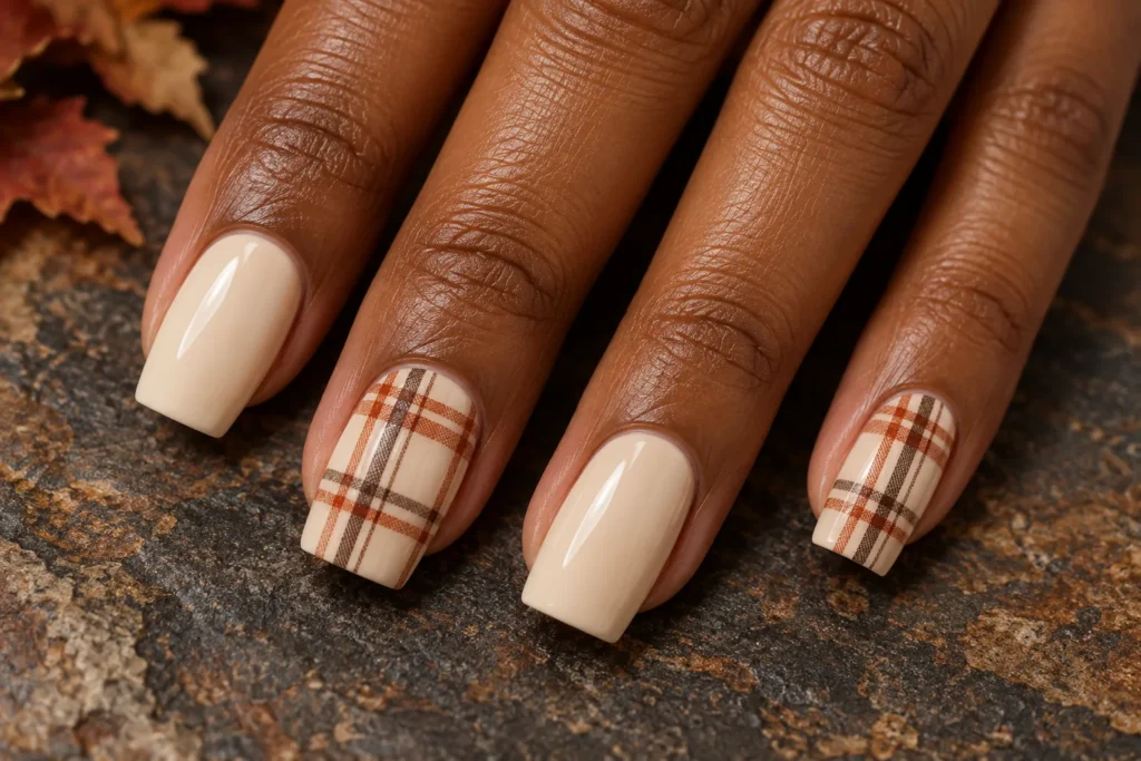 Rust and brown plaid accents on cream square nails, close-up against dark stone.