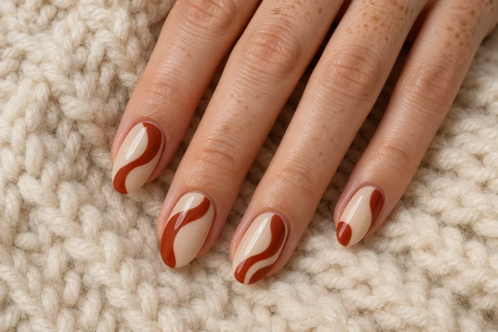 Rust abstract waves on beige oval nails, top view on cream wool.