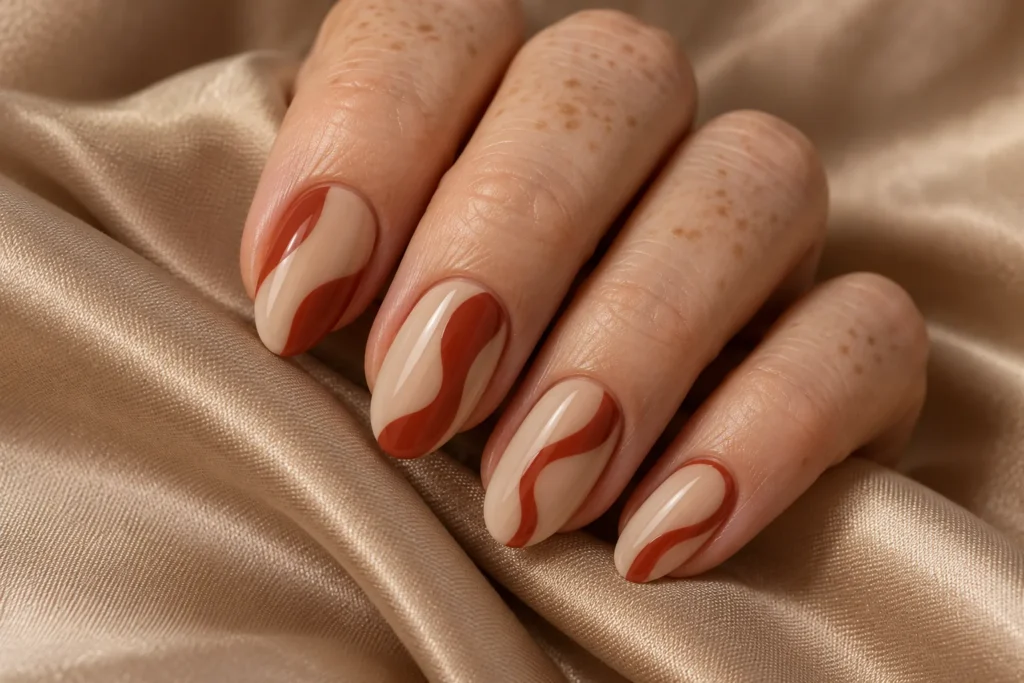 Rust abstract waves on beige oval nails, curled hand on beige satin.