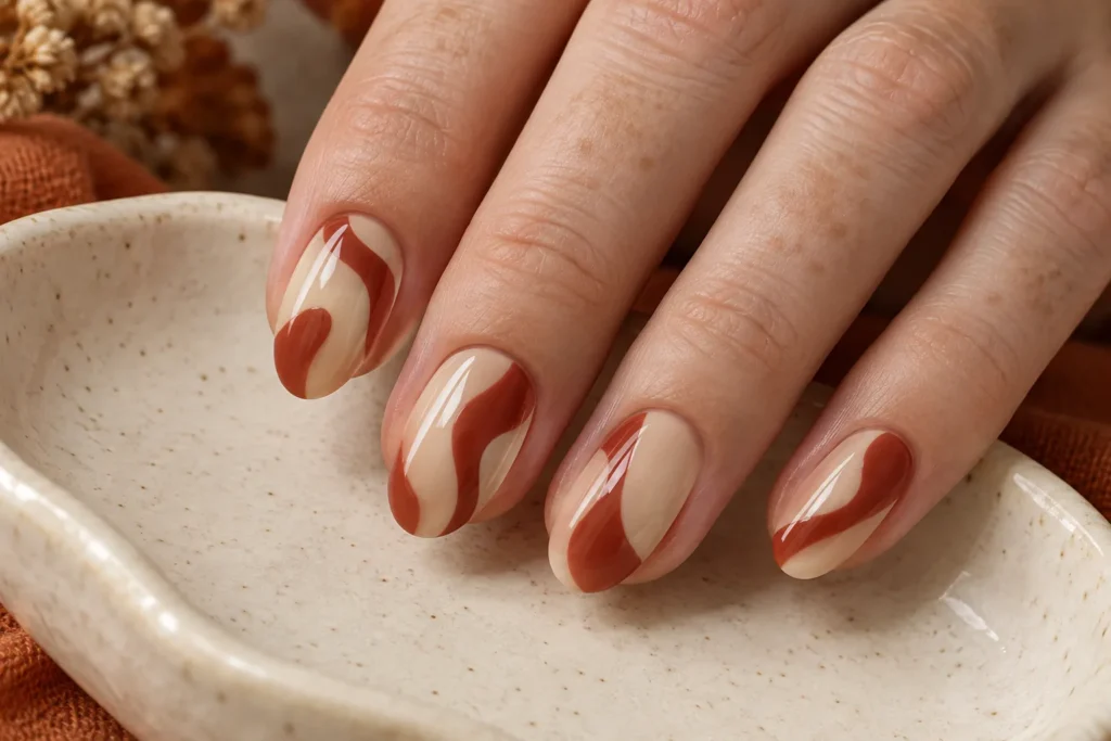 Rust abstract waves on beige oval nails, fingertips on an ivory ceramic dish.
