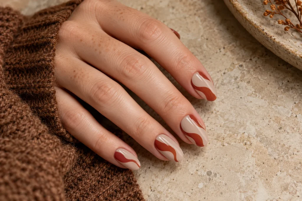 Rust abstract waves on beige oval nails, angled view beside a brown knitted sleeve.