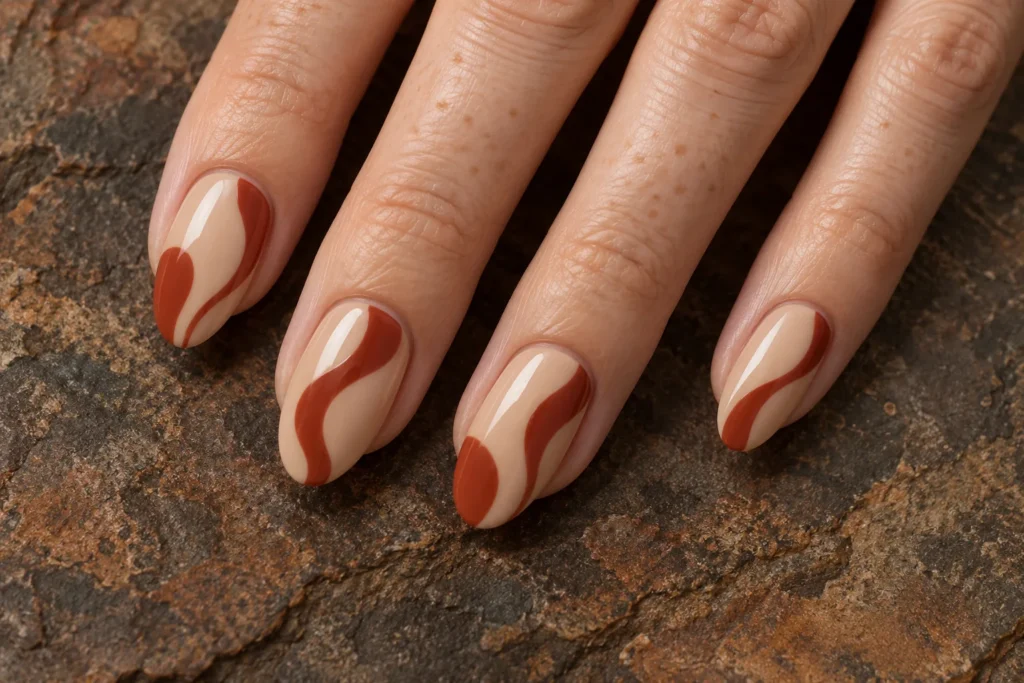 Rust abstract waves on beige oval nails, close-up against dark stone.
