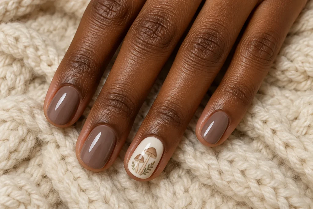 Glossy mushroom taupe nails with an ivory accent, top view on cream wool.