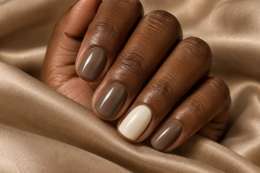 Glossy mushroom taupe nails with an ivory accent, curled hand on beige satin.