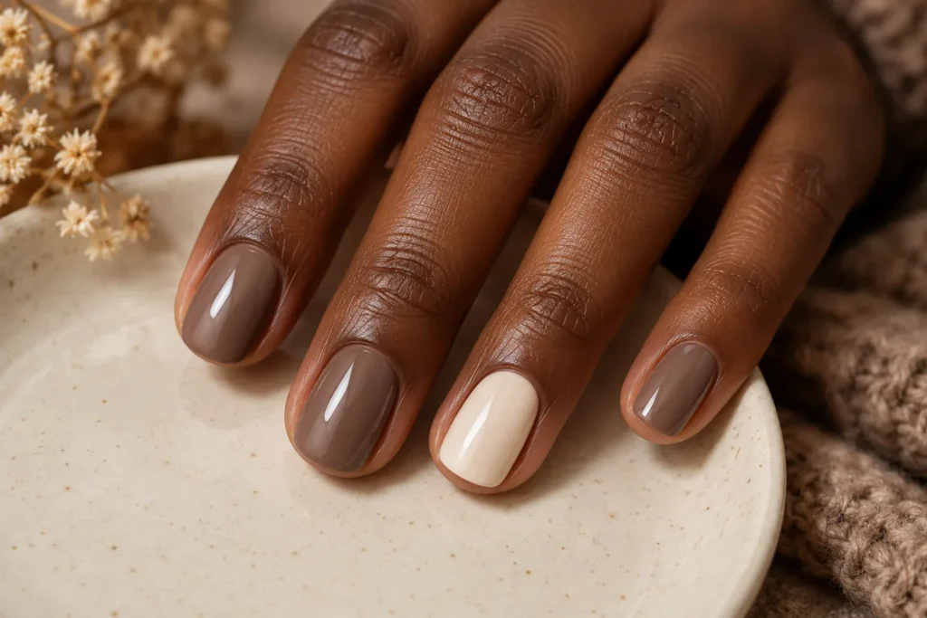 Glossy mushroom taupe nails with an ivory accent, fingertips on an ivory ceramic dish.
