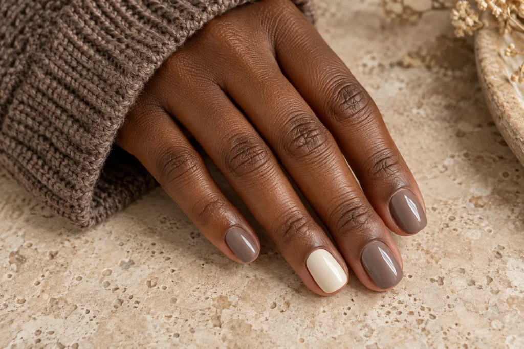 Glossy mushroom taupe nails with an ivory accent, angled view beside a brown knitted sleeve.