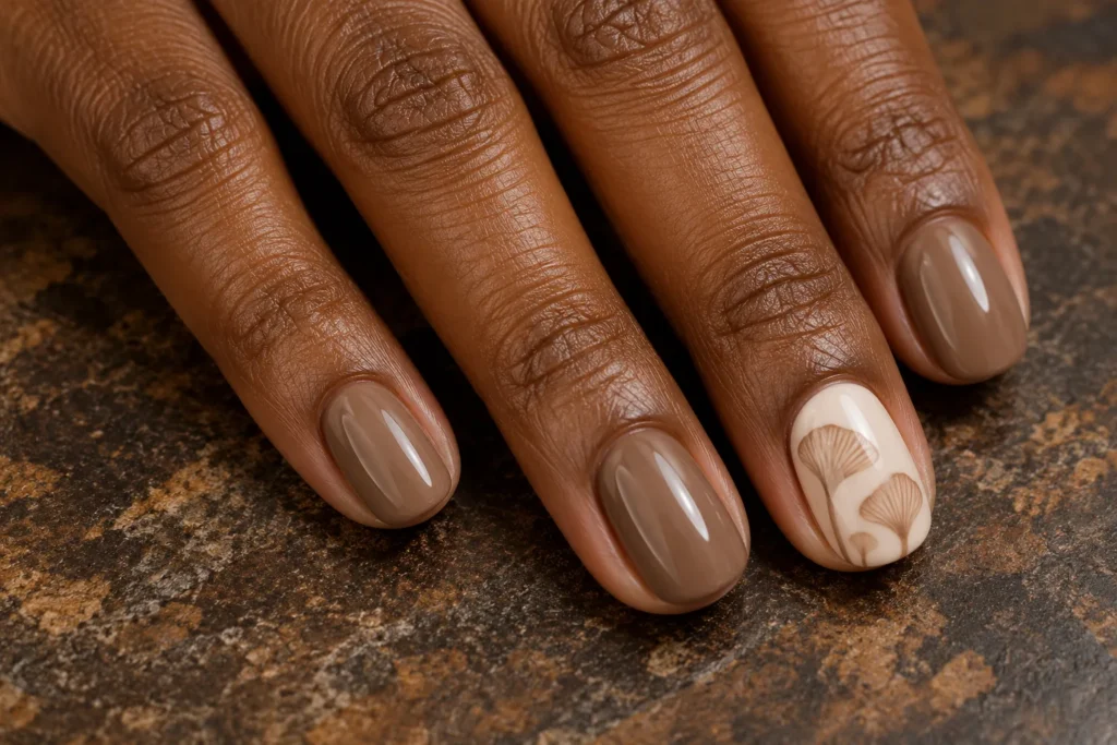 Glossy mushroom taupe nails with an ivory accent, close-up against dark stone.