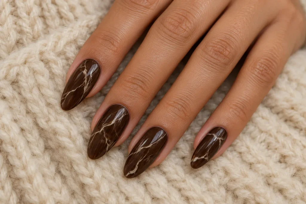 Espresso brown marble nails with fine cream veins, top view on cream wool.