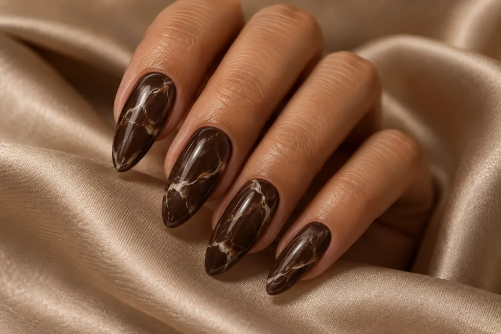 Espresso brown marble nails with fine cream veins, curled hand on beige satin.