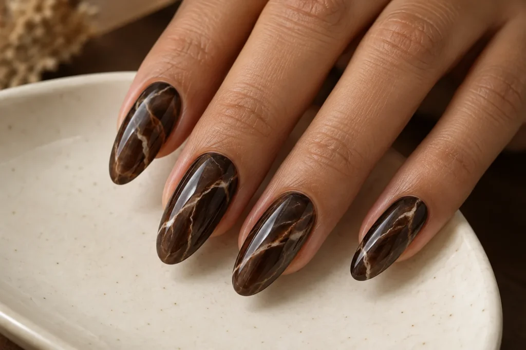Espresso brown marble nails with fine cream veins, fingertips on an ivory ceramic dish.