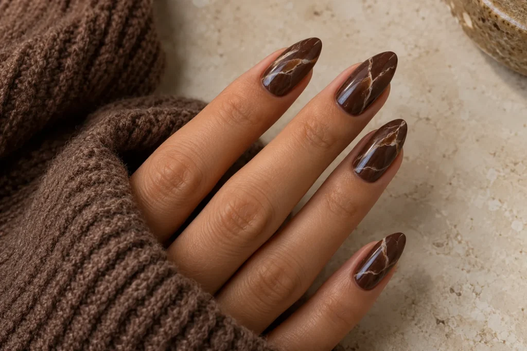 Espresso brown marble nails with fine cream veins, angled view beside a brown knitted sleeve.