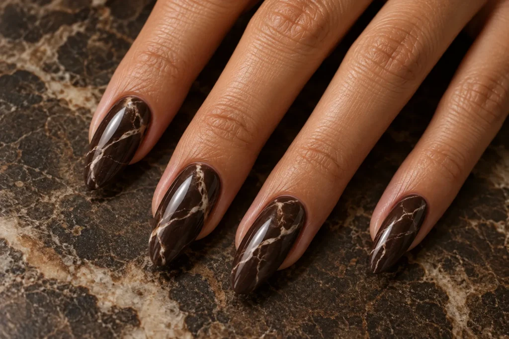 Espresso brown marble nails with fine cream veins, close-up against dark stone.