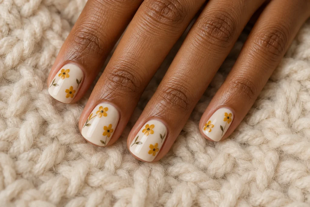 Mustard yellow flowers on short cream nails, top view on cream wool.