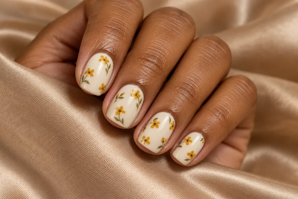 Mustard yellow flowers on short cream nails, curled hand on beige satin.