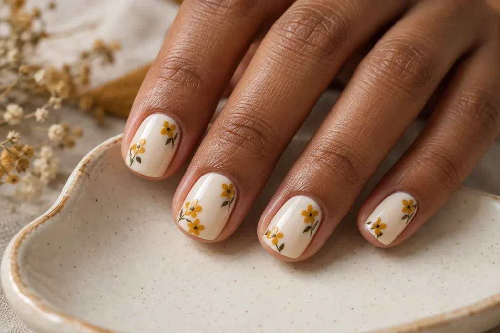 Mustard yellow flowers on short cream nails, fingertips on an ivory ceramic dish.