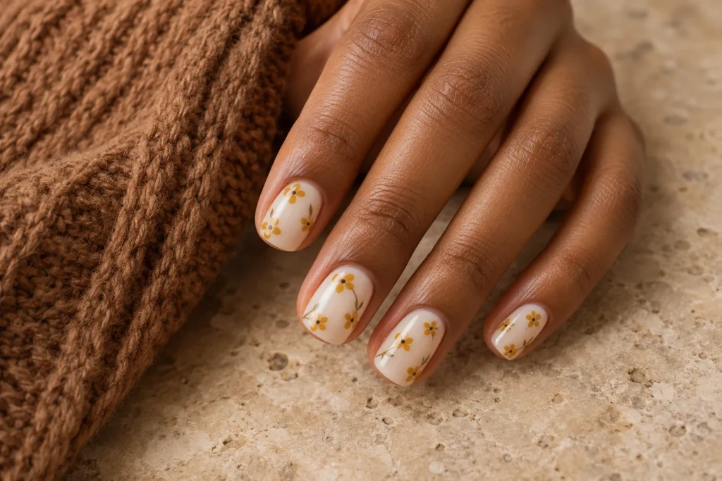 Mustard yellow flowers on short cream nails, angled view beside a brown knitted sleeve.