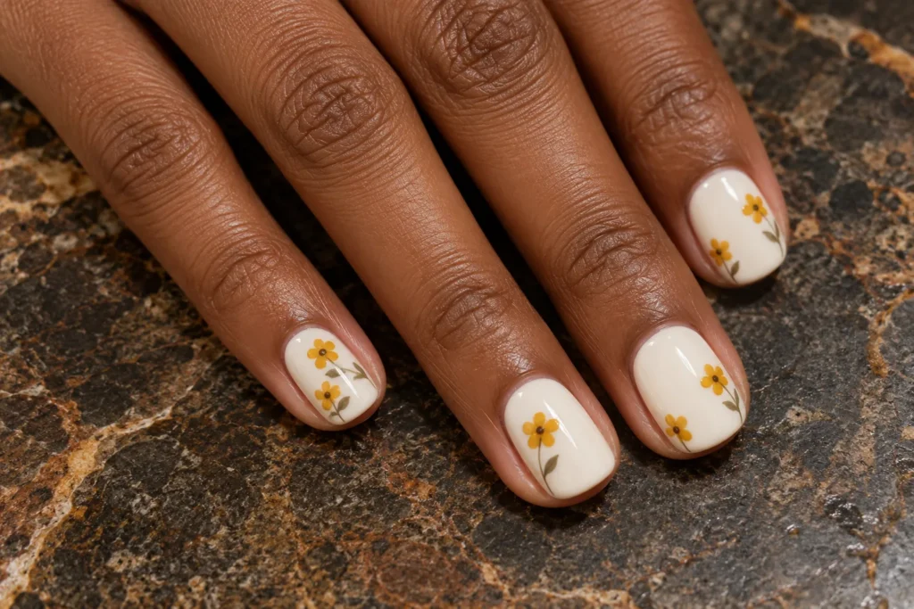 Mustard yellow flowers on short cream nails, close-up against dark stone.