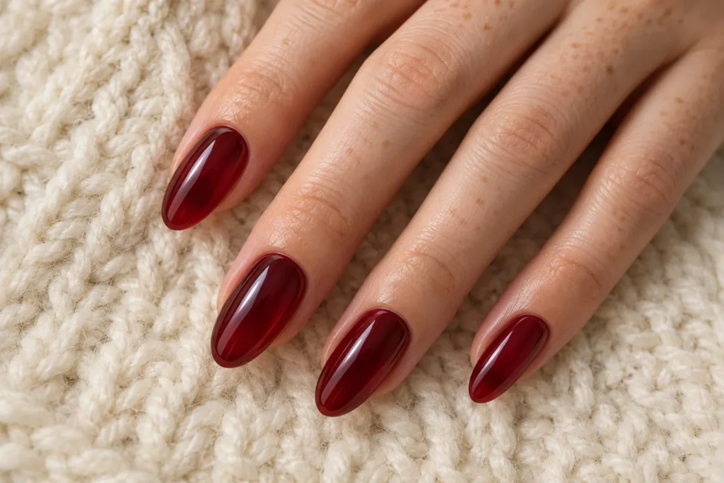 Translucent wine red jelly manicure on long oval nails, top view on cream wool.