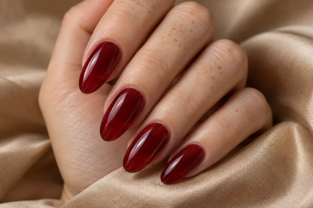 Translucent wine red jelly manicure on long oval nails, curled hand on beige satin.