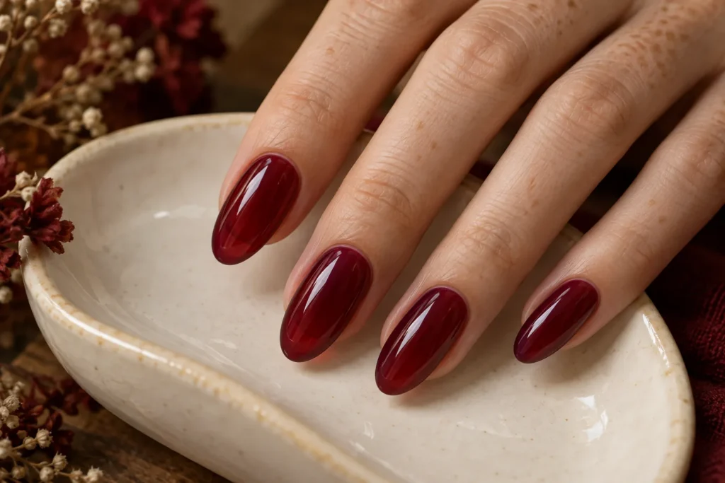 Translucent wine red jelly manicure on long oval nails, fingertips on an ivory ceramic dish.