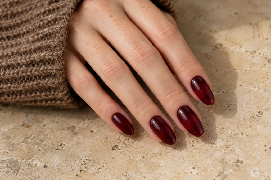 Translucent wine red jelly manicure on long oval nails, angled view beside a brown knitted sleeve.