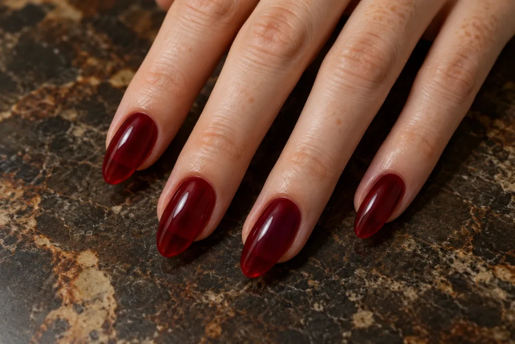 Translucent wine red jelly manicure on long oval nails, close-up against dark stone.
