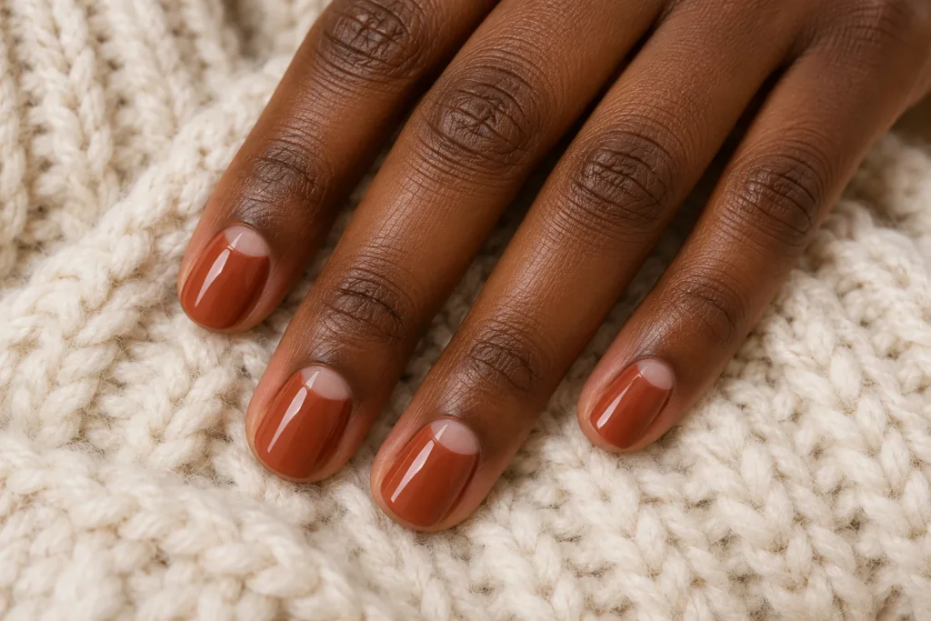Terracotta nails with nude half moons, top view on cream wool.