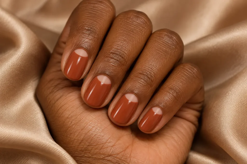 Terracotta nails with nude half moons, curled hand on beige satin.