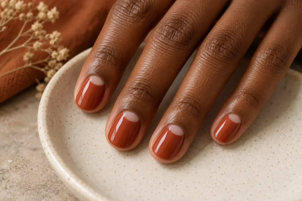 Terracotta nails with nude half moons, fingertips on an ivory ceramic dish.