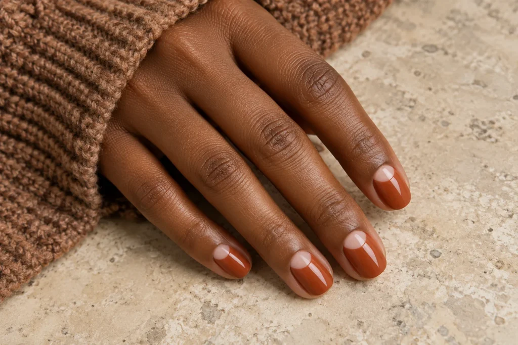 Terracotta nails with nude half moons, angled view beside a brown knitted sleeve.
