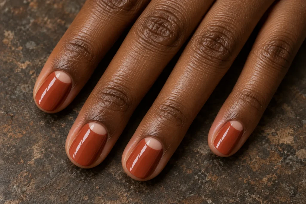 Terracotta nails with nude half moons, close-up against dark stone.