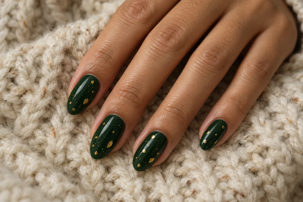 Forest green almond nails with small gold flecks, top view on cream wool.