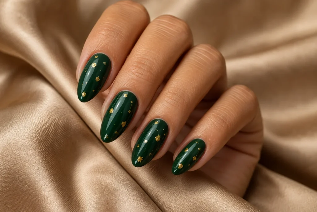 Forest green almond nails with small gold flecks, curled hand on beige satin.
