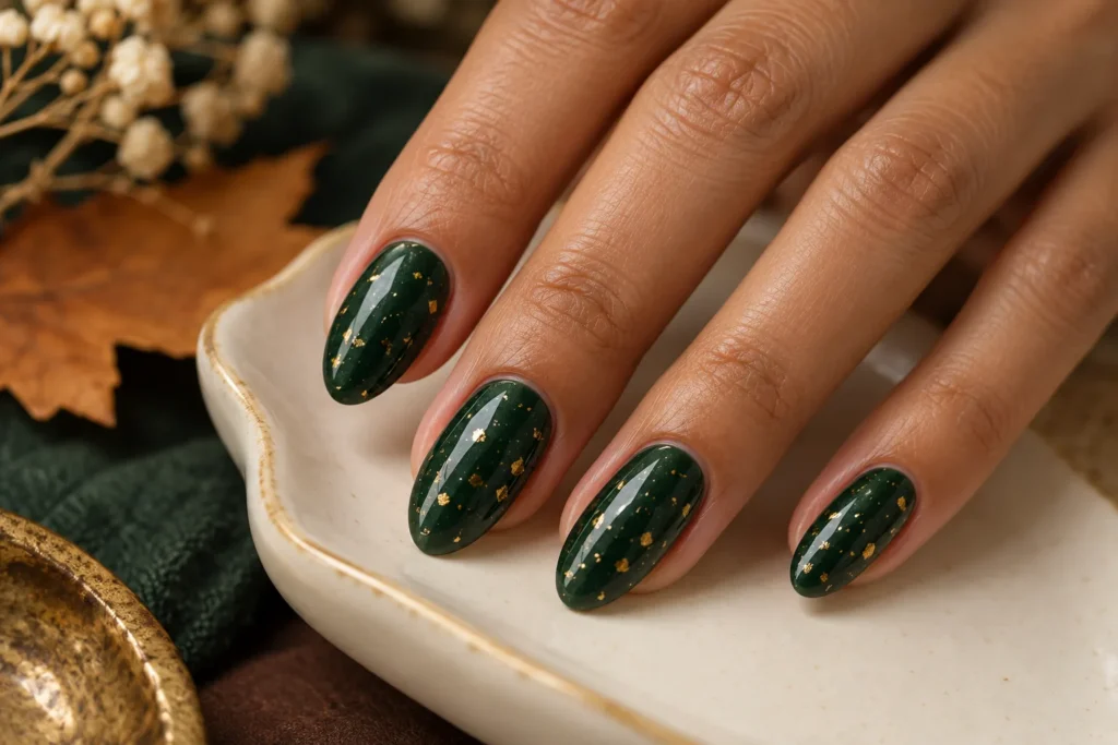 Forest green almond nails with small gold flecks, fingertips on an ivory ceramic dish.