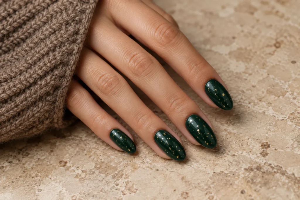 Forest green almond nails with small gold flecks, angled view beside a brown knitted sleeve.