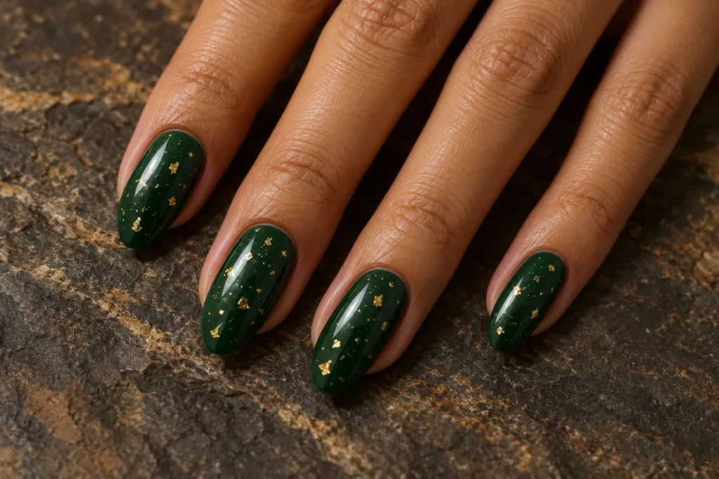 Forest green almond nails with small gold flecks, close-up against dark stone.
