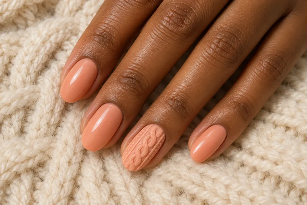 Peach manicure with a raised sweater texture accent, top view on cream wool.
