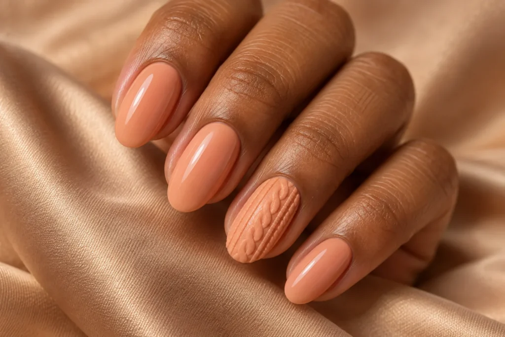 Peach manicure with a raised sweater texture accent, curled hand on beige satin.