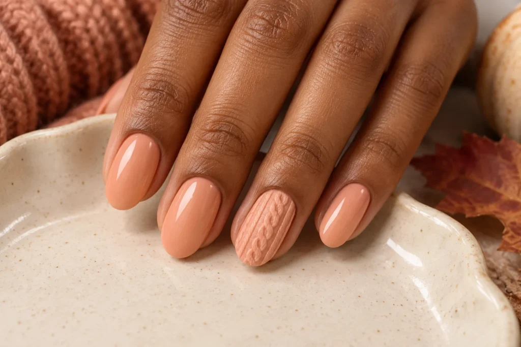 Peach manicure with a raised sweater texture accent, fingertips on an ivory ceramic dish.