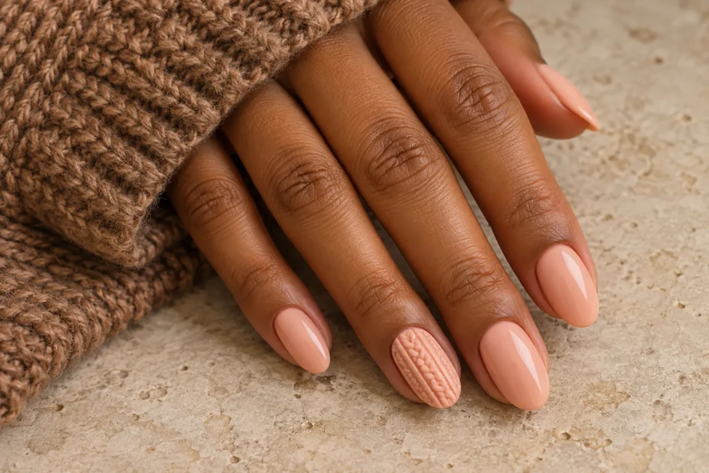 Peach manicure with a raised sweater texture accent, angled view beside a brown knitted sleeve.
