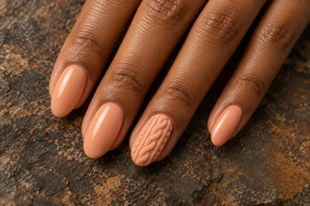 Peach manicure with a raised sweater texture accent, close-up against dark stone.