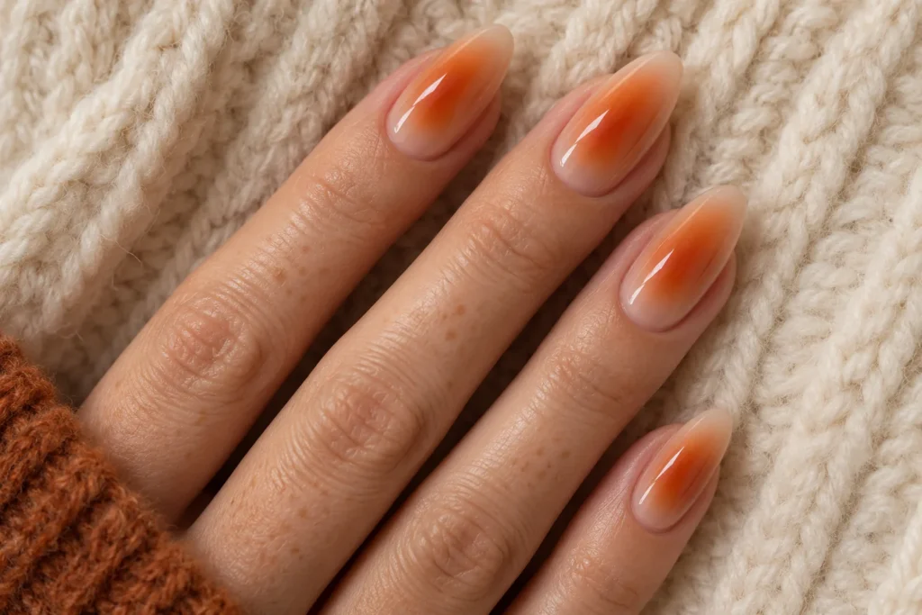 Burnt orange aura gradients on nude almond nails, top view on cream wool.
