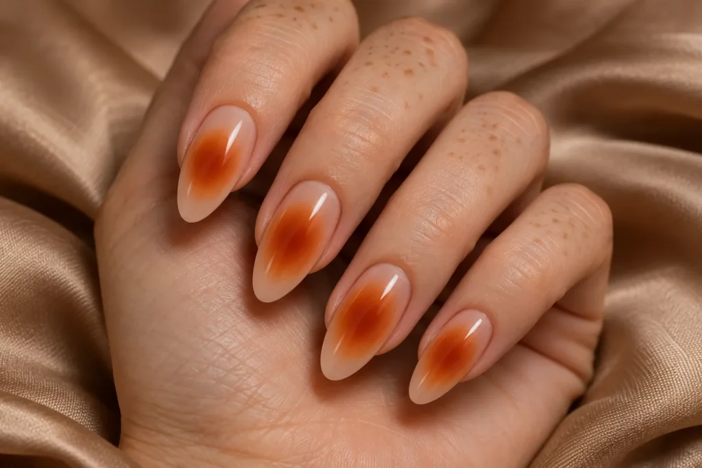 Burnt orange aura gradients on nude almond nails, curled hand on beige satin.