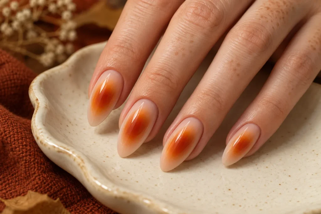Burnt orange aura gradients on nude almond nails, fingertips on an ivory ceramic dish.